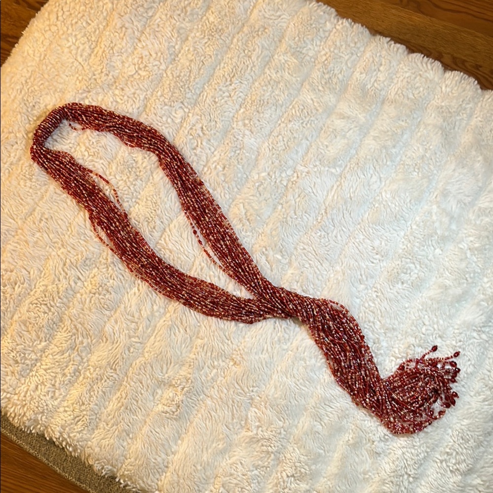 Elegant Red Glass Seed Bead Scarf Lariat Necklace